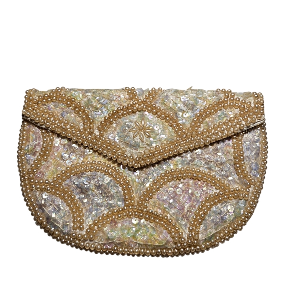 VINTAGE La Regale Beaded Clutch Ivory Pearl Sequin Evening Bag 1950s Mid Century